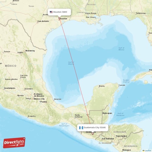 Houston - Guatemala City direct flight map
