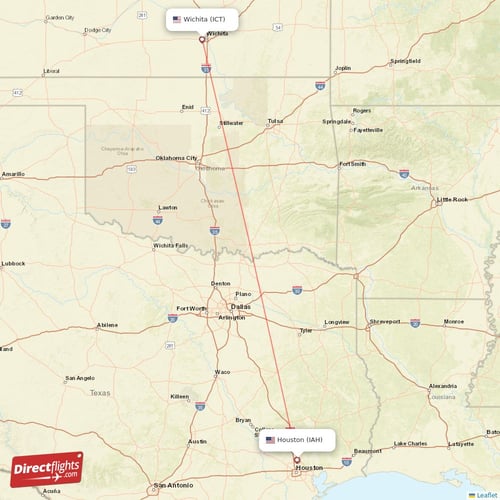 Houston - Wichita direct flight map
