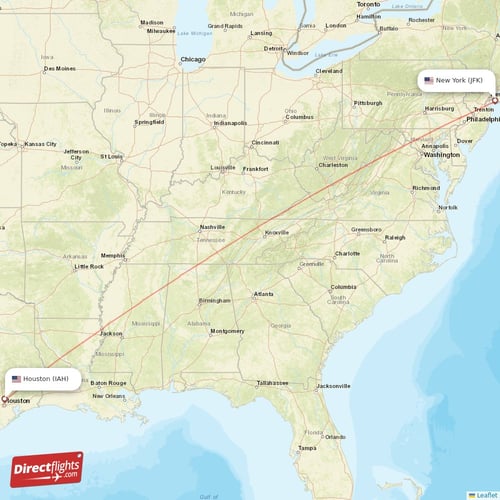 Houston - New York direct flight map