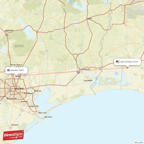 Houston - Lake Charles direct flight map