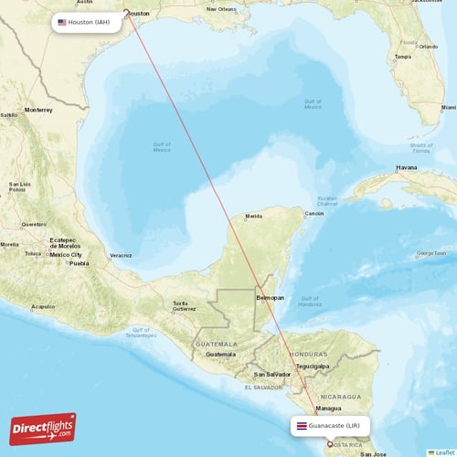 Houston - Guanacaste direct flight map
