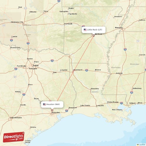 Houston - Little Rock direct flight map