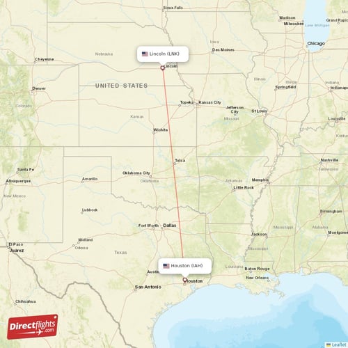 Houston - Lincoln direct flight map