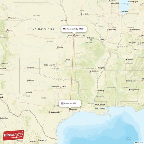 Houston - Kansas City direct flight map