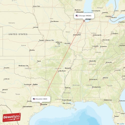 Houston - Chicago direct flight map