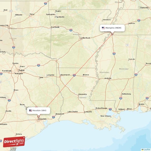 Houston - Memphis direct flight map