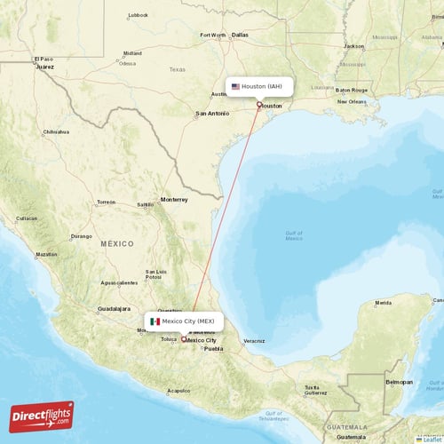Houston - Mexico City direct flight map