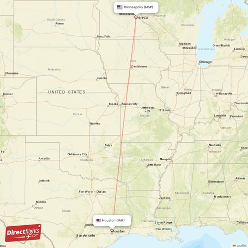 Houston - Minneapolis direct flight map
