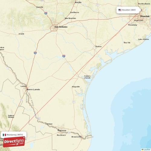 Houston - Monterrey direct flight map