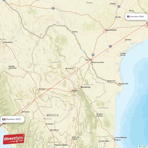 Houston - Mazatlan direct flight map