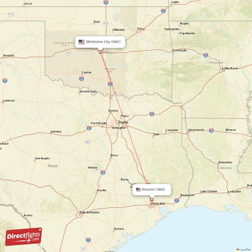 Houston - Oklahoma City direct flight map