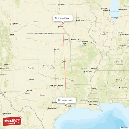 Houston - Omaha direct flight map
