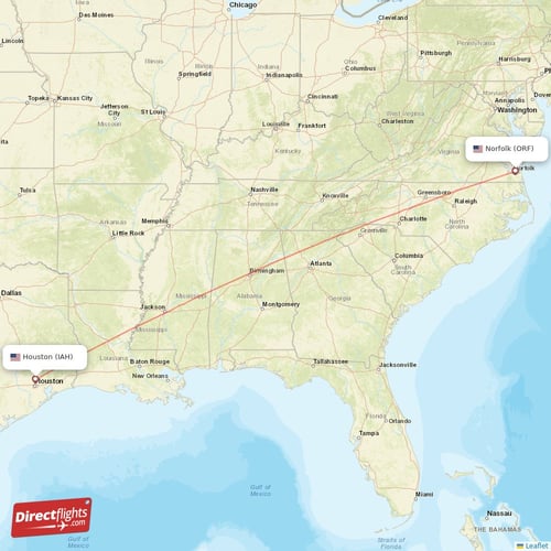 Houston - Norfolk direct flight map