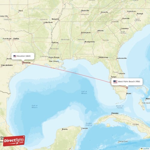 Houston - West Palm Beach direct flight map