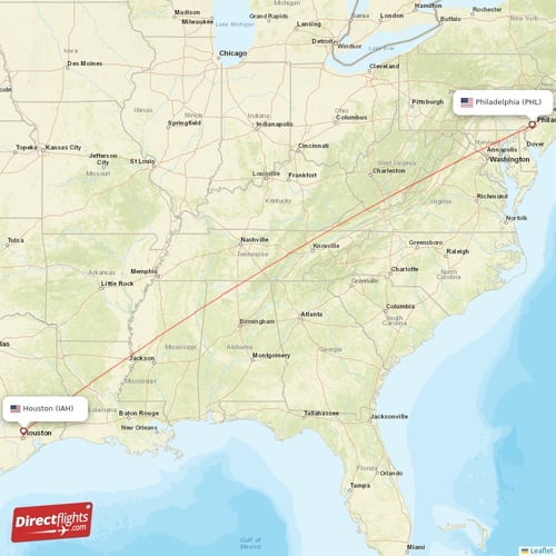 Houston - Philadelphia direct flight map
