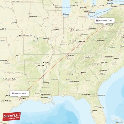 Houston - Pittsburgh direct flight map