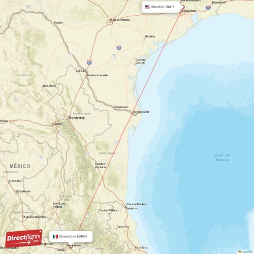 Houston - Queretaro direct flight map