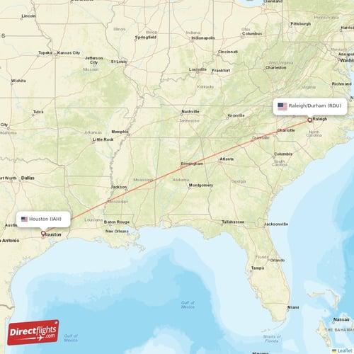 Houston - Raleigh/Durham direct flight map