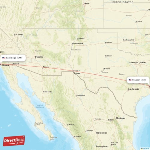 Houston - San Diego direct flight map
