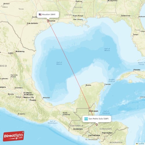 Houston - San Pedro Sula direct flight map