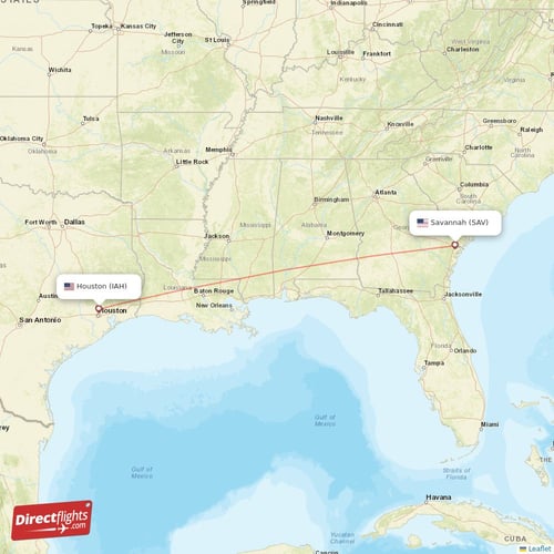 Houston - Savannah direct flight map