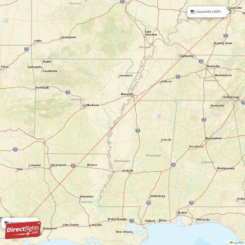 Houston - Louisville direct flight map
