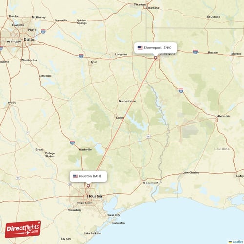 Houston - Shreveport direct flight map