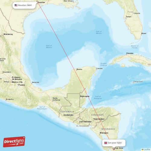 Houston - San Jose direct flight map