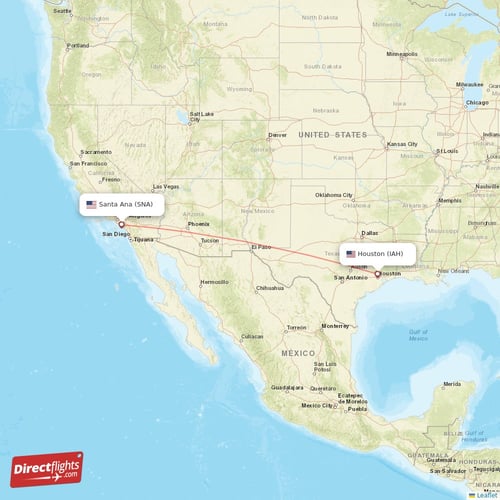 Houston - Santa Ana direct flight map