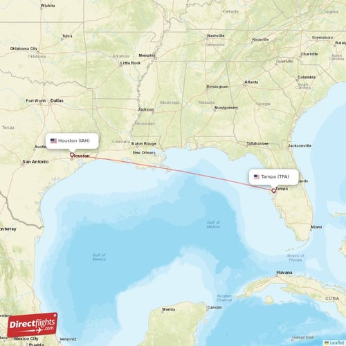 Houston - Tampa direct flight map