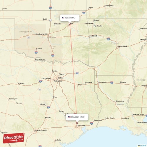 Houston - Tulsa direct flight map