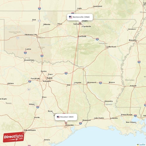 Houston - Bentonville direct flight map