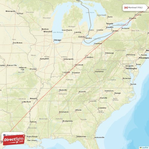 Houston - Montreal direct flight map