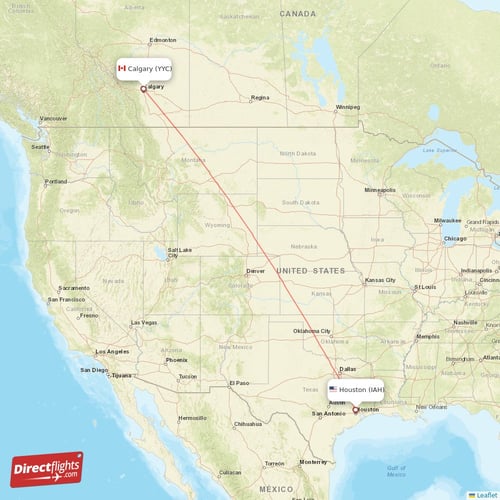 Houston - Calgary direct flight map