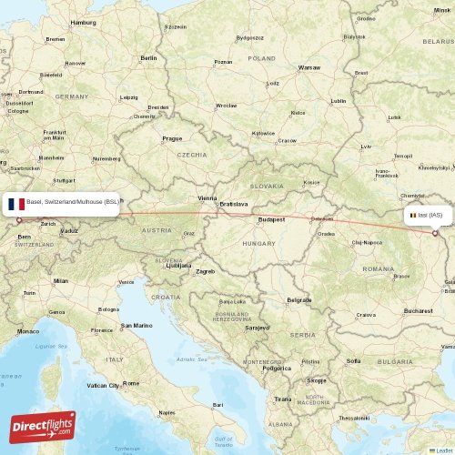 Iasi - Basel, Switzerland/Mulhouse direct flight map