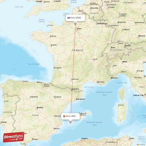 Ibiza - Paris direct flight map