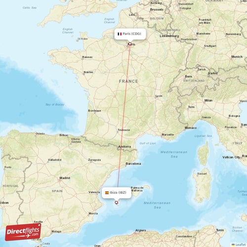 Ibiza - Paris direct flight map