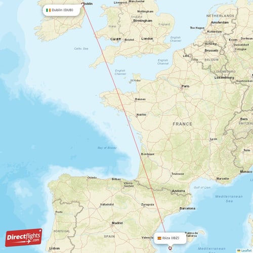 Ibiza - Dublin direct flight map