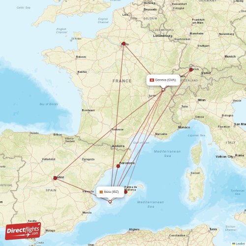 Ibiza - Geneva direct flight map