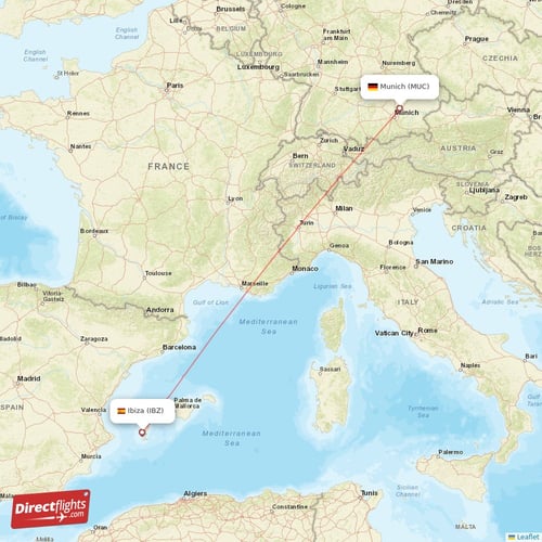 Ibiza - Munich direct flight map