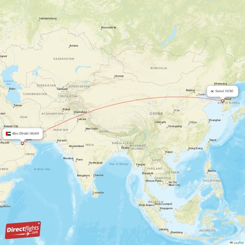 Seoul - Abu Dhabi direct flight map