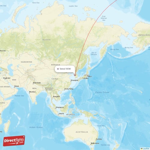 Seoul - Boston direct flight map