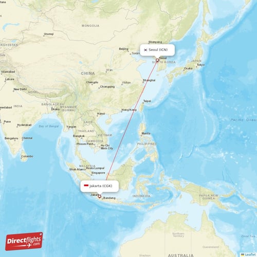 Seoul - Jakarta direct flight map