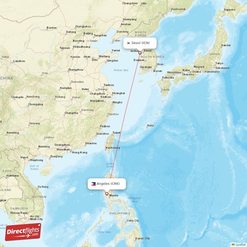 Seoul - Angeles direct flight map