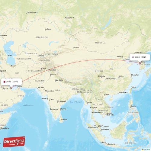 Seoul - Doha direct flight map