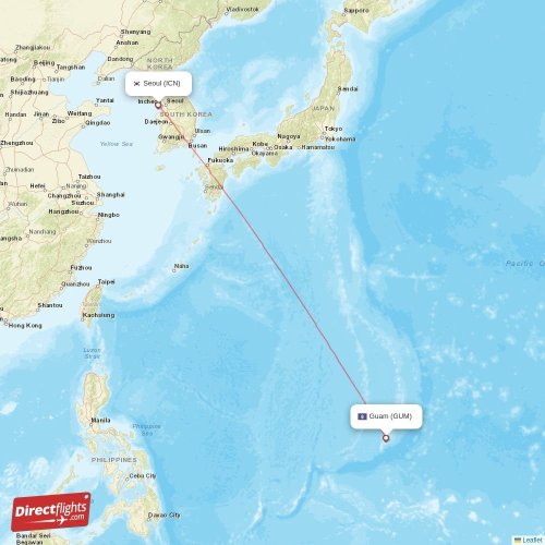 Seoul - Guam direct flight map