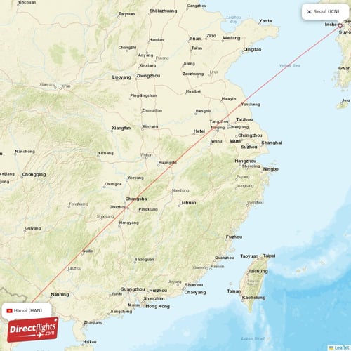 Seoul - Hanoi direct flight map
