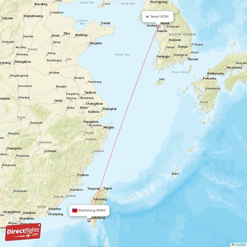 Seoul - Kaohsiung direct flight map