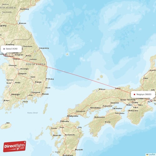 Seoul - Nagoya direct flight map