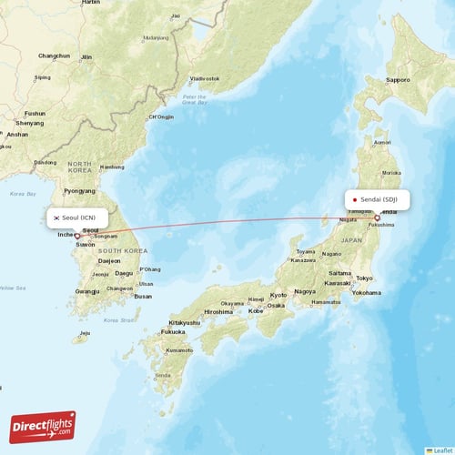 Seoul - Sendai direct flight map
